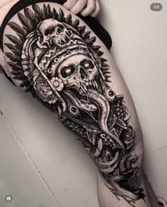 a man's leg with a tattoo on it and an image of a skull