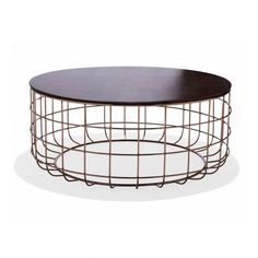 an oval coffee table with metal wire and wood top