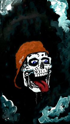 a painting of a skull with a red hat on it's head and tongue sticking out