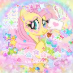 an image of a pink pony with stars and hearts on it's face, holding a