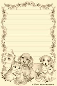 a dog and three puppies are sitting in front of a lined paper with an ornate border