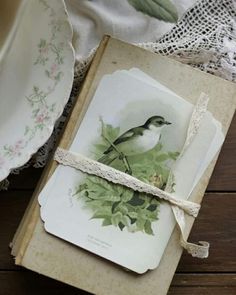 an open book with a bird on it sitting on a table next to some doily