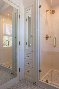 a walk in shower sitting inside of a bathroom