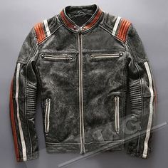 Men’s Motorcycle Biker Vintage Cafe Racer Distressed Black Real Leather Jacket | eBay Distressed Moto Outerwear For Winter, Distressed Moto Leather Jacket For Fall, Distressed Moto Style Outerwear, Distressed Moto Winter Outerwear, Winter Moto Distressed Outerwear, Winter Distressed Moto Outerwear, Fitted Black Distressed Outerwear, Distressed Biker Leather Jacket For Winter, Distressed Vintage Biker Jacket