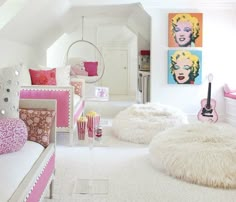 a bedroom with white carpet and pink accents