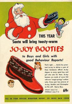 an old advertisement for jo - joy boots with santa