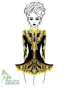 a drawing of a woman in a black dress with yellow and green designs on it