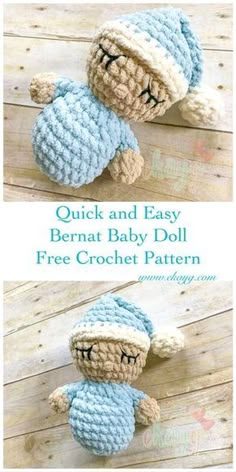 two pictures of a stuffed animal with the words quick and easy bernat baby doll free crochet pattern