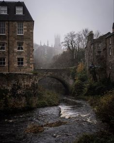 a river running through a city next to tall buildings on a foggy day in autumn