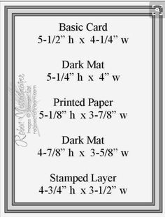 the back side of a card with measurements for dark mat, 5 / 4 in x 3 / 4 in