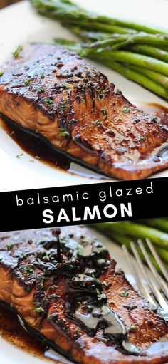 grilled salmon with balsamic glaze and asparagus on a white plate