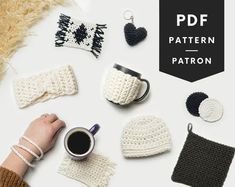 crochet patterns for hats, mittens and scarves with text overlay