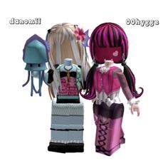 an image of two dolls made out of legos, one is pink and the other is purple