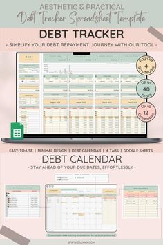 a desk calendar with the words debt tracker and an image of a laptop on it