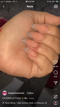 Almond Shape Glitter French Tip, Prom Nail Ideas For Red Dress, Almond Bridesmaid Nails, French Manicure With Glitter Line, Almond Glitter French Nails, Gliterry Nails Design, Formal Nails Classy, Almond Sparkle Nails, Sparkly Nails French Tips