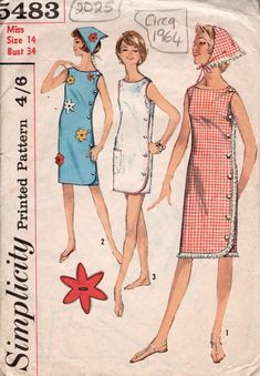 ✦ Circa:   1964 ✦ Details:  Three style variation DRESS with SCARF ✦ Size/Measurements(Inches):     ~ Size: 14        ~ Bust: 34″     ~ Waist: 26″    ~ Hip: 36″   ~ Please Note: ~ You are buying a 'Professional Reproduced' copy of this sewing pattern. Copied from the original sewing pattern. Produced in Full Scale Pattern Pieces ready to cut with full instructions included. Reproduced on high quality 50 gm paper with black ink, durable and easier for reuse. Printed by a Professional Printing Company.   ~ With this product comes an accompanying 'Booklet' and inside the Booklet it includes: ~ A 2-page Instructions and Illustrations on 'How to Adjust Your pattern to your Personal Measurement.' ~ Personal Measurement Chart ~ Body Form Illustrations ~ Fitting Checklist ~ Metric Equivalency Char Patron Vintage, Sew In Weave, Vintage Dress Patterns, Scarf Dress, Couture Vintage, Sewing Pattern Sizes, 1960s Fashion, Moda Vintage, Girl Pattern