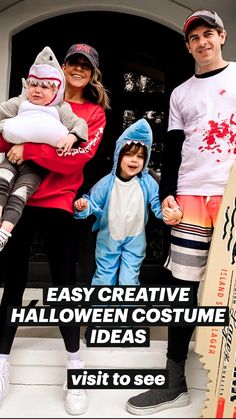 three adults and two children standing on steps with skateboards in front of them wearing costumes