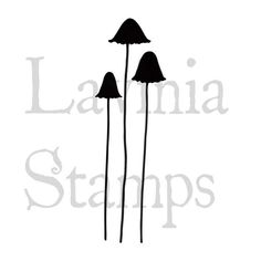 three black and white flowers with the word larimia stamps on it's side