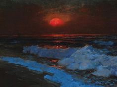 an oil painting of the sun setting over the ocean