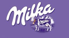 a cow that is standing next to the word milk on a purple background with an image of a cow