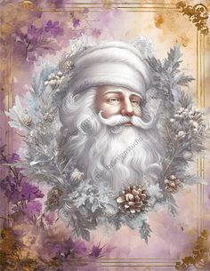 a painting of santa claus surrounded by flowers and pineconi on a purple background