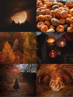 four different pictures with candles and pumpkins in the middle one has a full moon