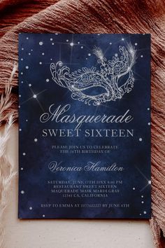 an elegant masquerade sweet sixteen party is featured in this blue and white photo