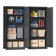 two metal storage cabinets filled with various items