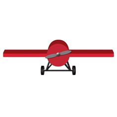 a small red airplane flying in the sky with propellers on it's wings and wheels