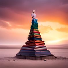 a man sitting on top of a stack of books in the middle of an ocean