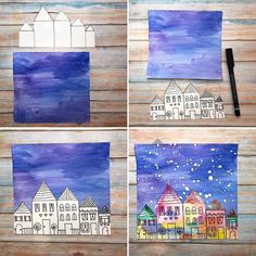 four pictures of different houses painted with watercolors and paper on wooden boards, one is