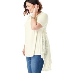 Make heads turn in this top, complete with a dramatic cascading back. The fit-and-flare silhouette offers easy elegance, flowing just the way you love over your curves. With bracelet-length sleeves and a long, curved high-low hem at back, it pairs perfectly with sleek leggings or curve-hugging jeans. Shirt Walmart, Lace Tunic, Plus Size Shorts, Tunic Length, Linen Women, Long Shirt, Shop Blouses, Feminine Style, Fit And Flare