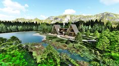 an artist's rendering of a house in the middle of a lake surrounded by trees