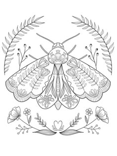 a black and white drawing of a bug with leaves on it's back, surrounded by flowers