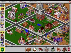 an old computer game with lots of different buildings and trees on it's screen