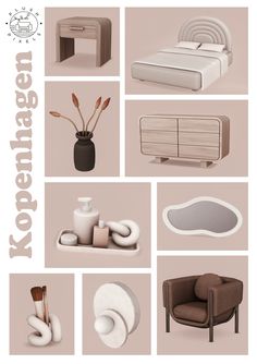 an assortment of modern furniture and decor items