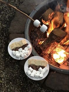 marshmallows are being cooked over an open fire with two plates on it