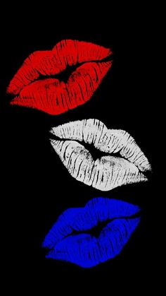 three lips painted in the colors of red, white and blue on a black background