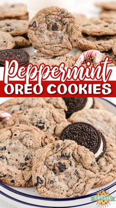 peppermint oreo cookies on a plate with the words peppermint oreo cookies