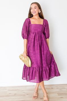 Flower Texture Midi, Magenta - New Arrivals - The Blue Door Boutique Red Ruffle Maxi Dress, Dresses For Mid Size Women, Modest Dresses For Church, Wedding Guest Dress Spring, Sunday Dresses, Fancy Outfit, Semi Formal Attire, Church Fits, Magenta Dress