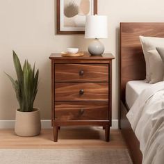 a bedroom with a bed, two nightstands and a plant on the side table