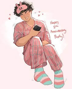 a drawing of a man in pajamas holding a cell phone with the caption happy 5th anniversary party