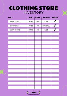 the clothing store inventory sheet is shown in purple and white with green stars on it