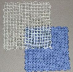 three pieces of blue and white fabric on a table top with some crochet