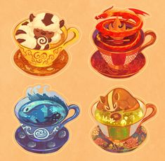 four coffee cups with designs on them sitting in front of a beige background, one has a cat and the other has a fish