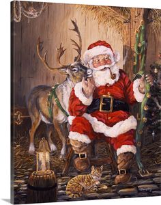 a painting of santa claus sitting on a chair next to a cat