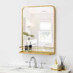 PRICES MAY VARY. Fits Various Decor Themes: This stylish mirror enhances the taste of home decor. The unique frame gives it a stylish and simple look, suitable for any scene, not only a mirror but also a work of art HD Glass And Safety Materials: Our wall mirrors reflect clearly and won't be distorted no matter which angle you look at them. Carefully crafted frames and protective antioxidant paint ensure that the mirrors are rust-proof, shock-proof, and more stable, thus prolonging their lifespa Gold Bathroom Vanity Mirror, Gold Bathroom Mirror, Rounded Wall, Gold Vanity Mirror, Farmhouse Bathroom Mirrors, Arched Window Mirror, Amazon Bathroom, Mirror Rectangle, Bathroom Mirror With Shelf