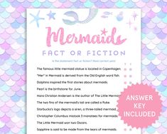 the mermaid fact or fiction is shown in pink and blue scales with white letters on it