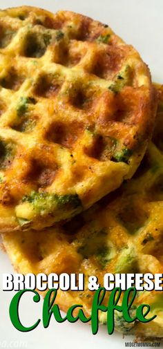 broccoli and cheese waffles are stacked on top of each other with text overlay