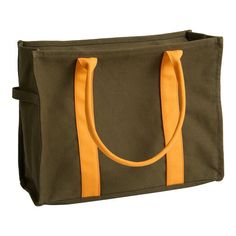 a green and yellow bag with two handles